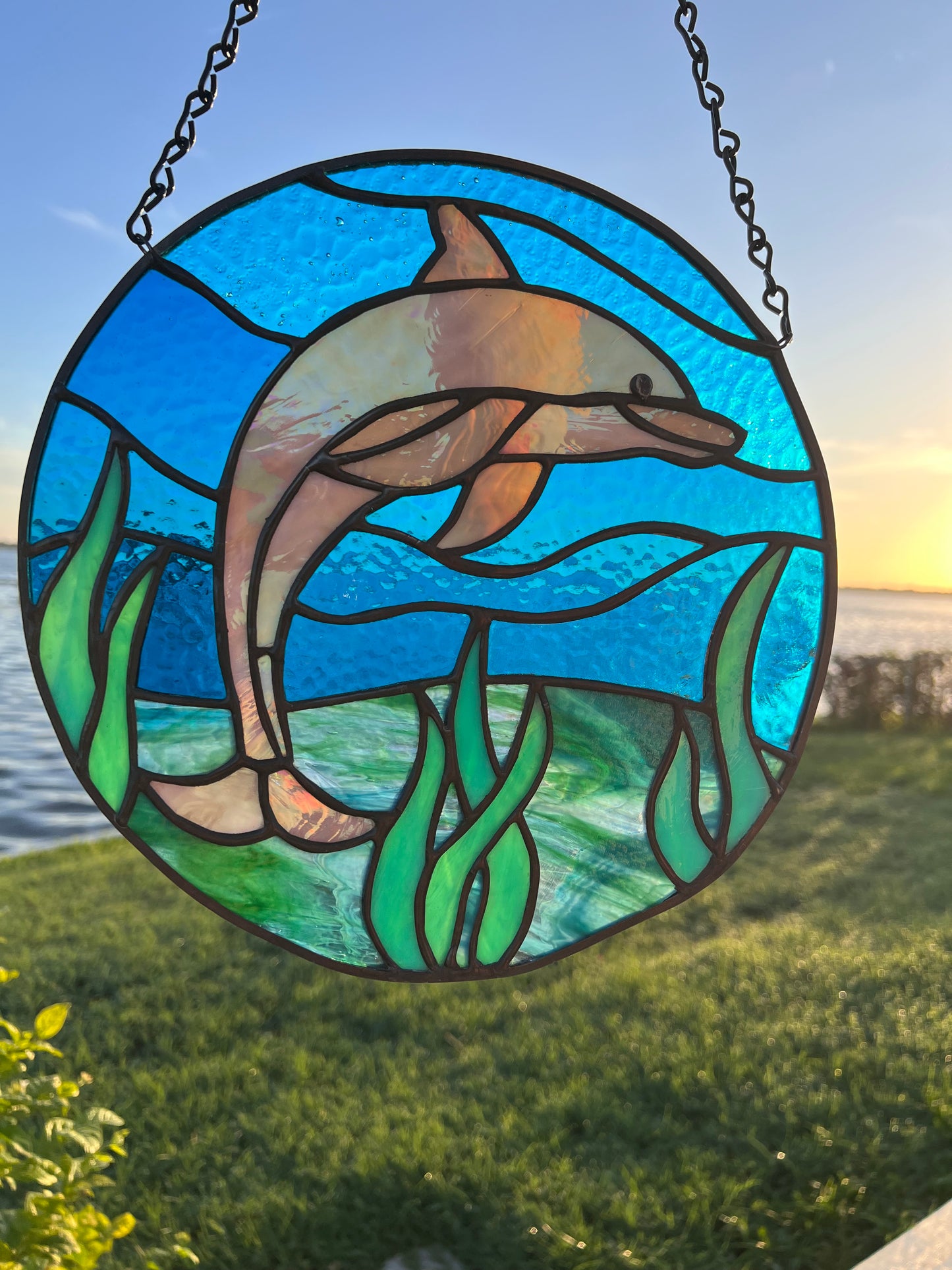 Dolphin Stained Glass Under Water Suncatcher Glass Panel