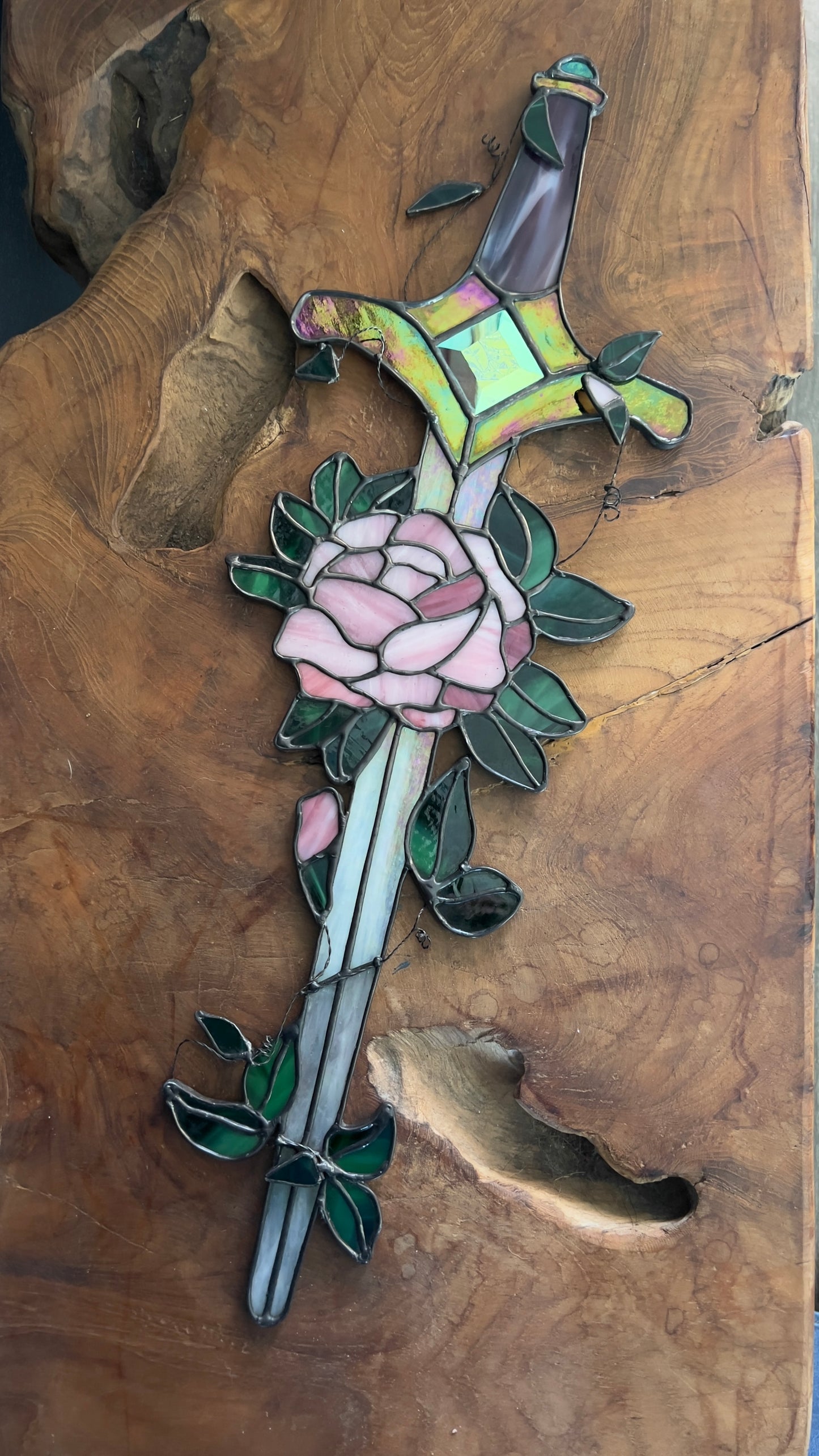 Fantasy Inspired Glass Sword Rose Quartz & Pink Diamond Inspired Iridescent Stained Glass Sword Wall Art Handcrafted Fantasy Decor