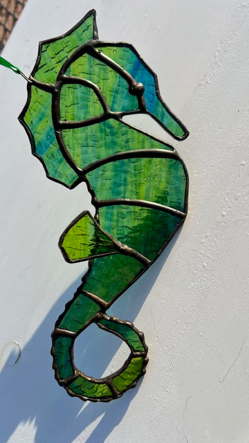 Stained Glass Seahorse Suncatcher, Blue Green Ripple Glass, Coastal Window Hanging, 3D Fin Detail, Beach Decor Gift