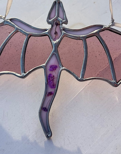 Purple Floral Flying Dragon Suncatcher - Clear Wings, Pressed Flower Body Home Decore Art