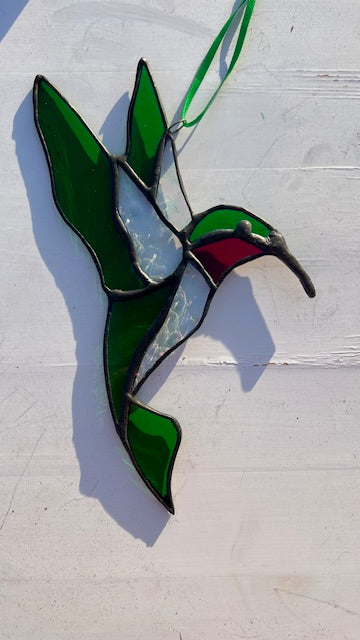 Stained Glass Hummingbird Suncatcher, Green, Ruby and Iridescent Clear, Handmade Bird Window Hanging, Garden Decor Gift