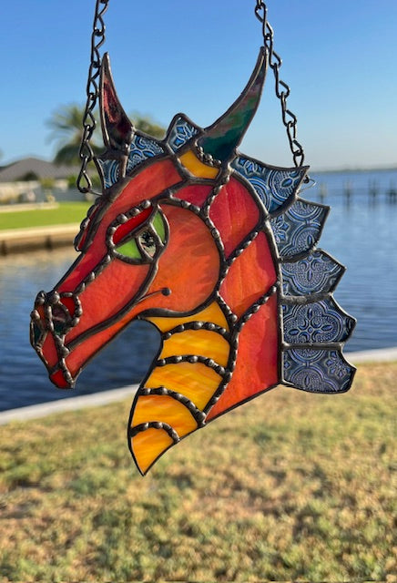 Handcrafted Stained Glass Dragon Suncatcher – Bold Red & Orange Fantasy Art, Window Hanging Deco