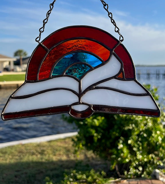 Dyslexia Awareness Stained Glass Suncatcher – Red Book & Rainbow Window Hanging, Black Patina Finish, Handmade Glass Art