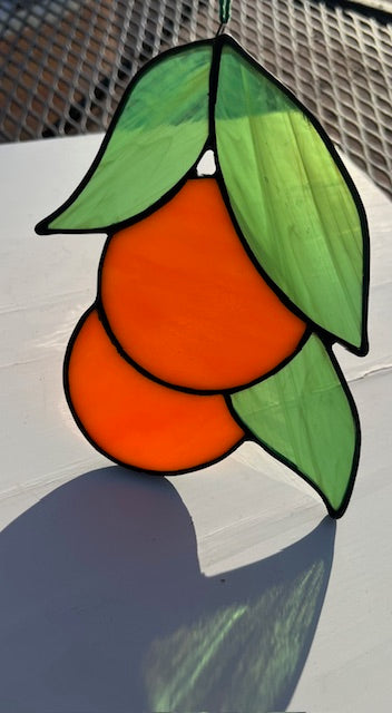 Stained Glass Orange Suncatcher with Green Leaves - Citrus Window Hanging - Handmade Fruit Decor - Black Patina & Satin Ribbon