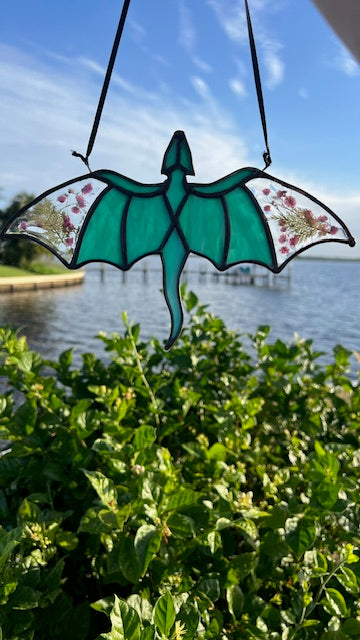 Teal Dragon Stained Glass Suncatcher with Pressed Flower Wings | Handmade Fantasy Window Art | Black Patina & Silk Hanging Cord