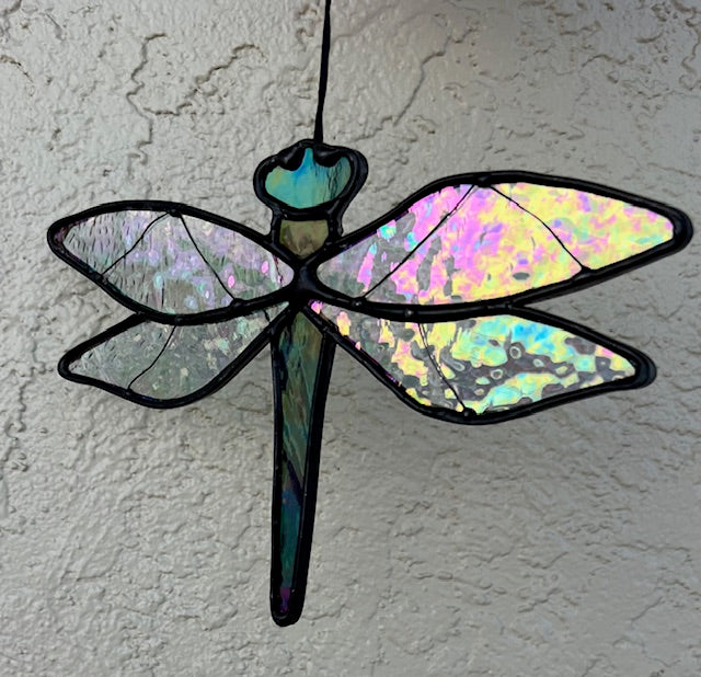 Iridescent Clear and Purple Dragonfly Suncatcher - Wire Detail Wings, Black Patina Finish, Handmade Window Hanging