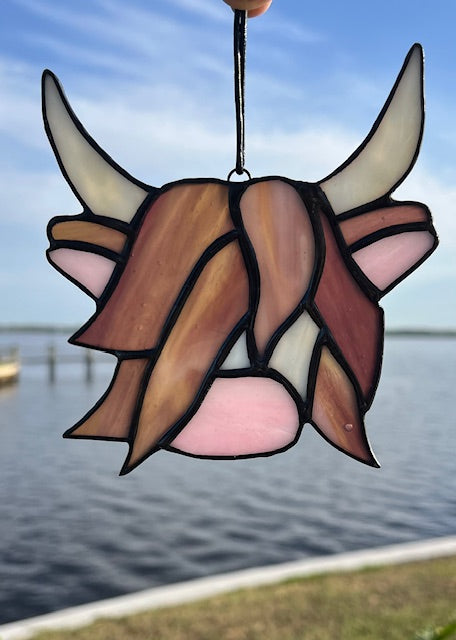 Highland Cow Stained Glass Suncatcher with Horse - Cute Pink Nose - Black Patina - Handmade USA Original