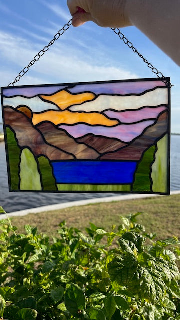 Stained Glass Mountain Landscape Panel, Lake & Sunrise Scene, Purple Mountains, Framed Glass Art, Window Hanging, Nature Decor