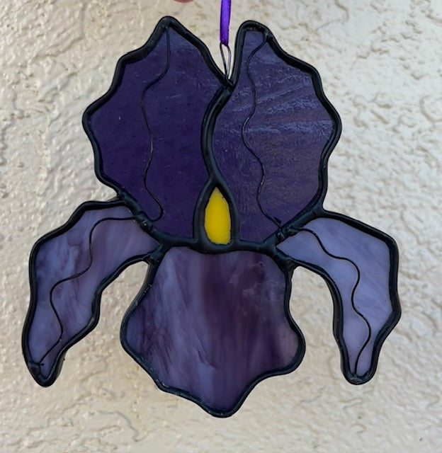 Stained Glass Iris Suncatcher – Dark Purple Flower with Yellow Center, Wire Petal Detail, Black Patina, Handmade USA One of a Kind Window Art