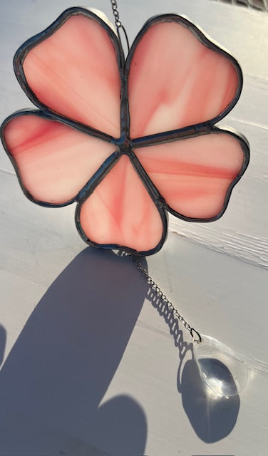 Delicate Pink Stained Glass Flower Suncatcher – 5 Petal Blossom with Prismatic Crystal Drop, Silver Finish, Handmade USA Window Decor