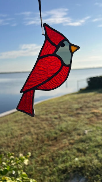 Stained Glass Cardinal Suncatcher – Memorial Sympathy Gift, Red Cardinal with Black Patina, Yellow Beak, Handmade in USA, Cardinal Window Decor