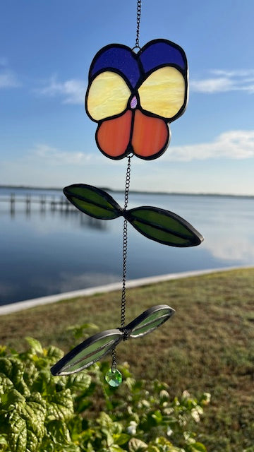 Stained Glass Pansy Suncatcher – Yellow & Purple Flower with Dichroic Center, Hanging Chain Leaves, Black Patina, Handmade USA Floral Window Art