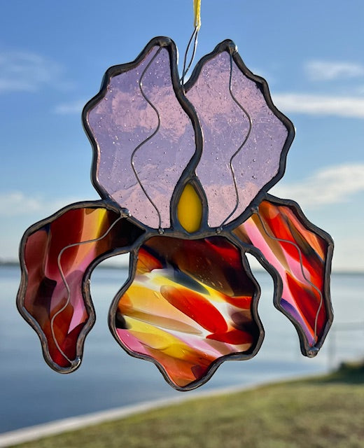 Stained Glass Iris Suncatcher – Light Purple & Multicolor Handblown Glass Flower, Yellow Red Purple Accents, Silver Solder Finish, Handmade USA