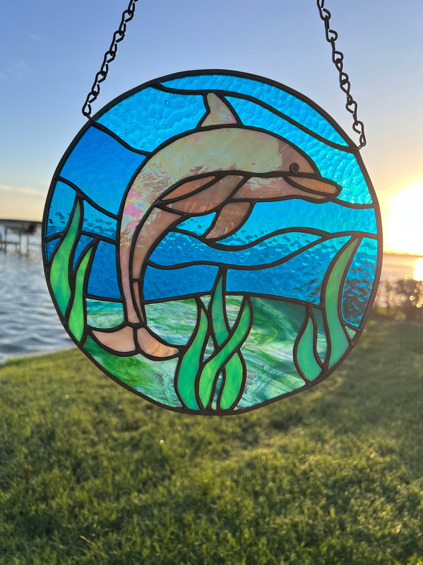 Dolphin Stained Glass Under Water Suncatcher Glass Panel