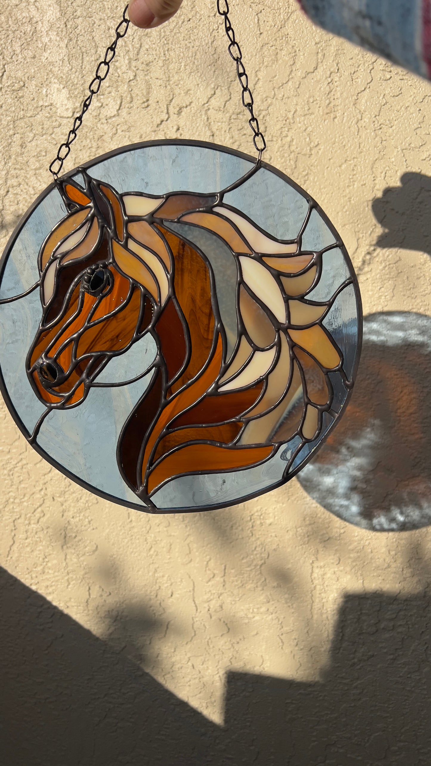 Handcrafted Chestnut Horse Stained Glass Suncatcher – 8” Round Western Horse Window Hanging