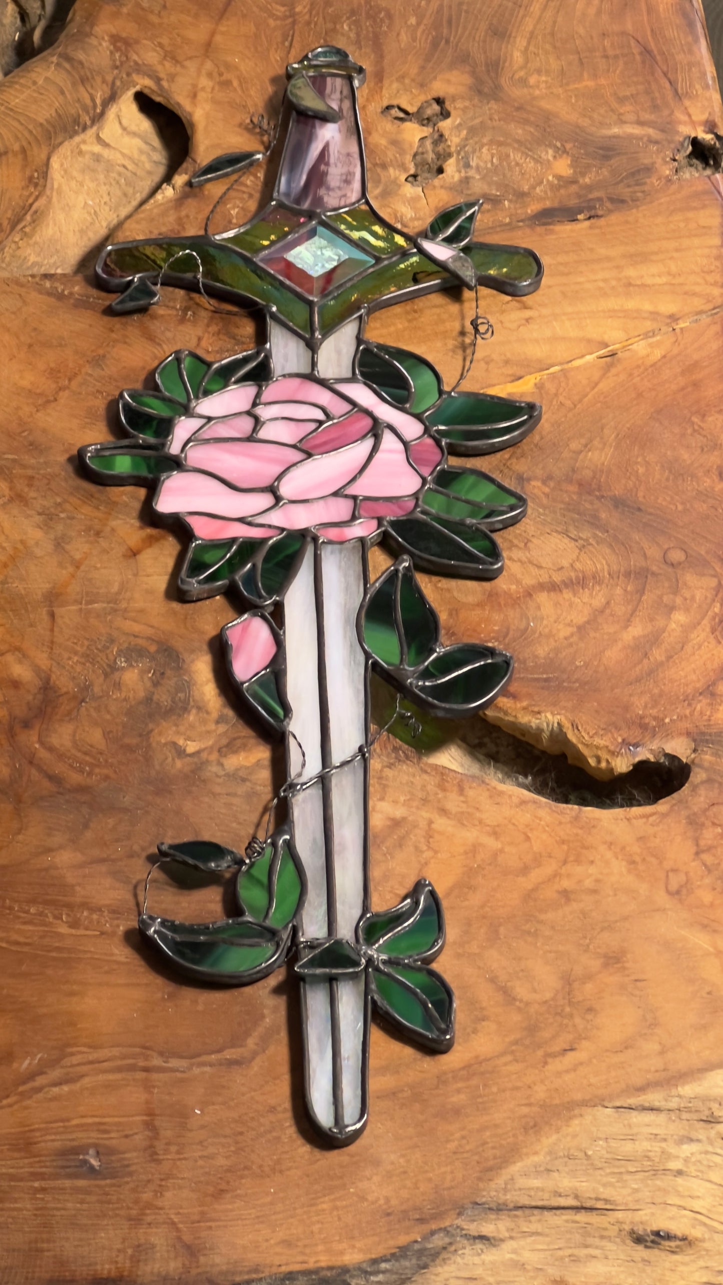 Fantasy Inspired Glass Sword Rose Quartz & Pink Diamond Inspired Iridescent Stained Glass Sword Wall Art Handcrafted Fantasy Decor