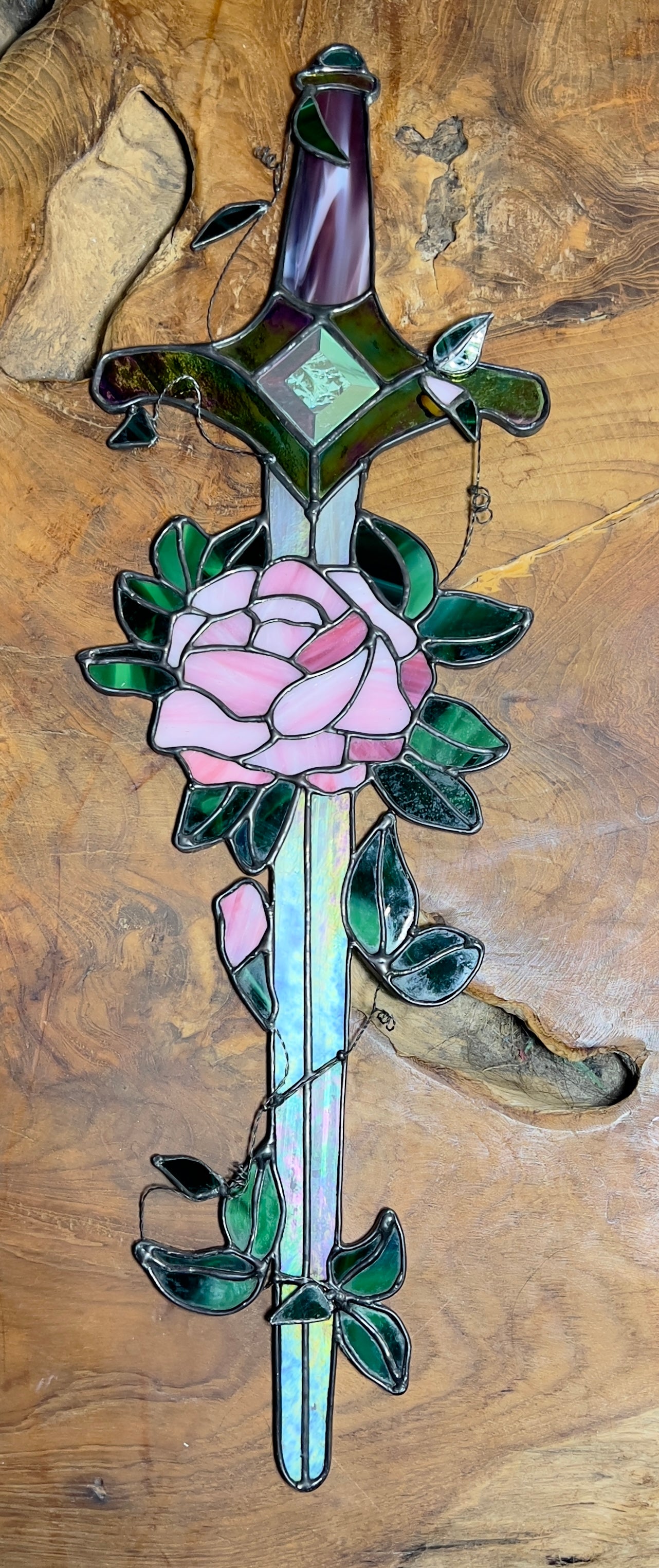 Fantasy Inspired Glass Sword Rose Quartz & Pink Diamond Inspired Iridescent Stained Glass Sword Wall Art Handcrafted Fantasy Decor