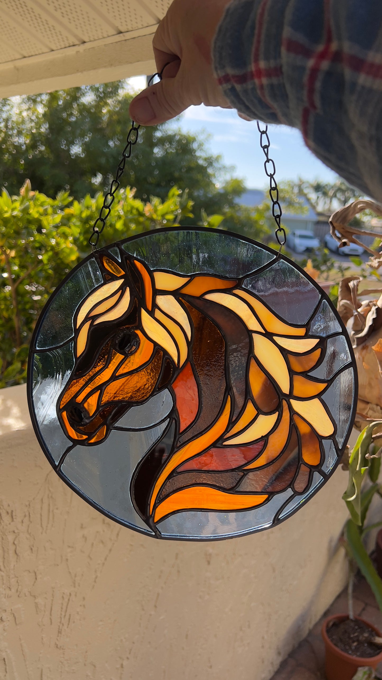 Handcrafted Chestnut Horse Stained Glass Suncatcher – 8” Round Western Horse Window Hanging