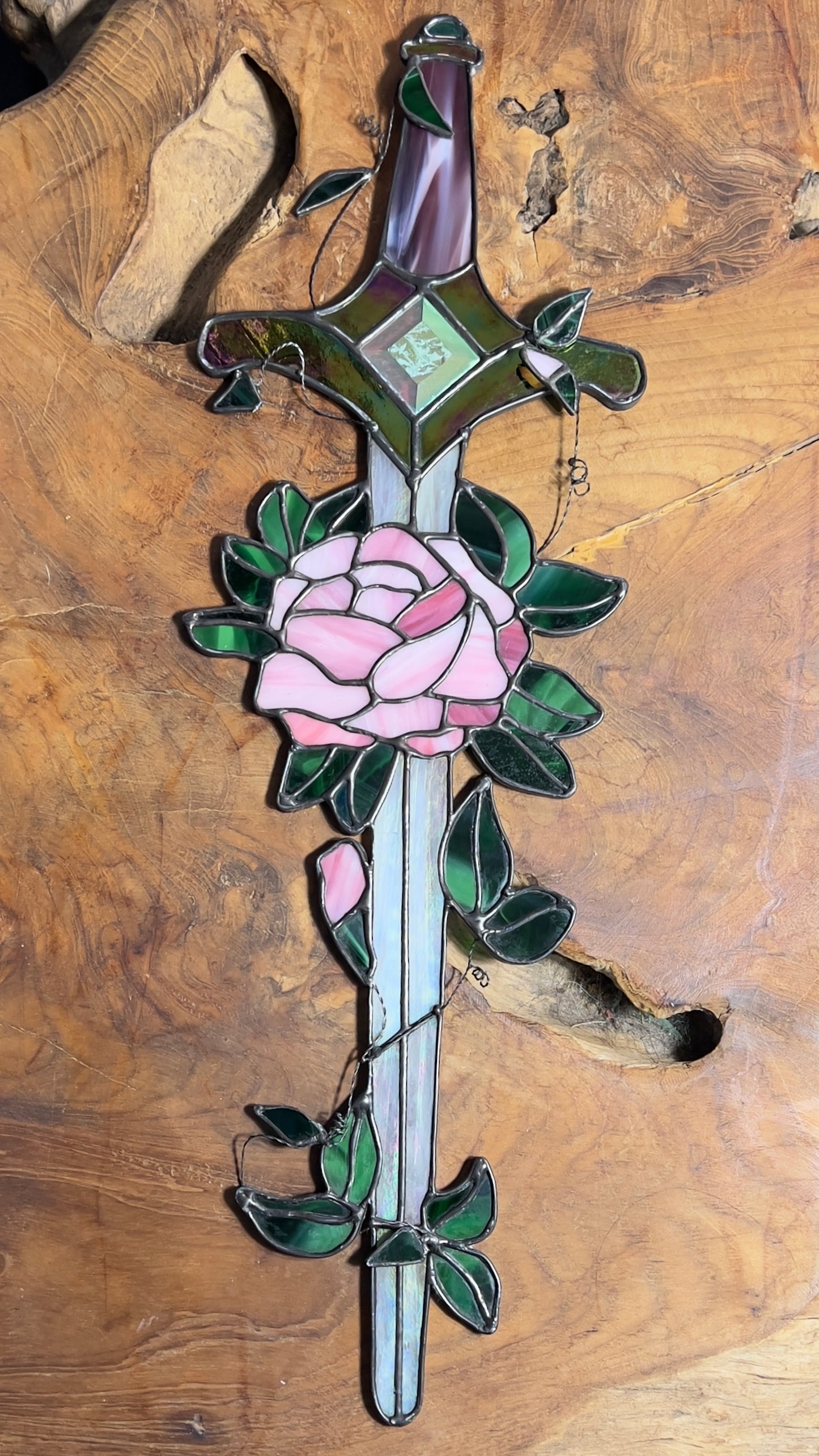 Fantasy Inspired Glass Sword Rose Quartz & Pink Diamond Inspired Iridescent Stained Glass Sword Wall Art Handcrafted Fantasy Decor