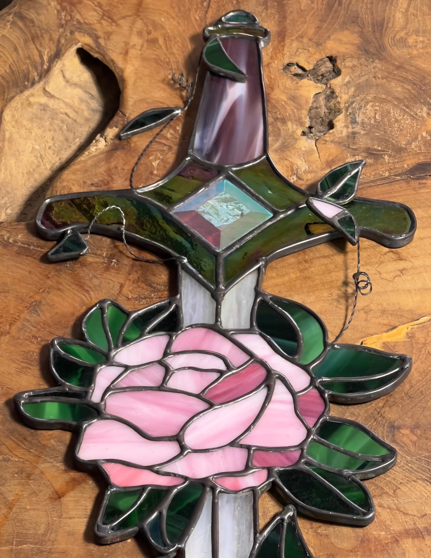 Fantasy Inspired Glass Sword Rose Quartz & Pink Diamond Inspired Iridescent Stained Glass Sword Wall Art Handcrafted Fantasy Decor
