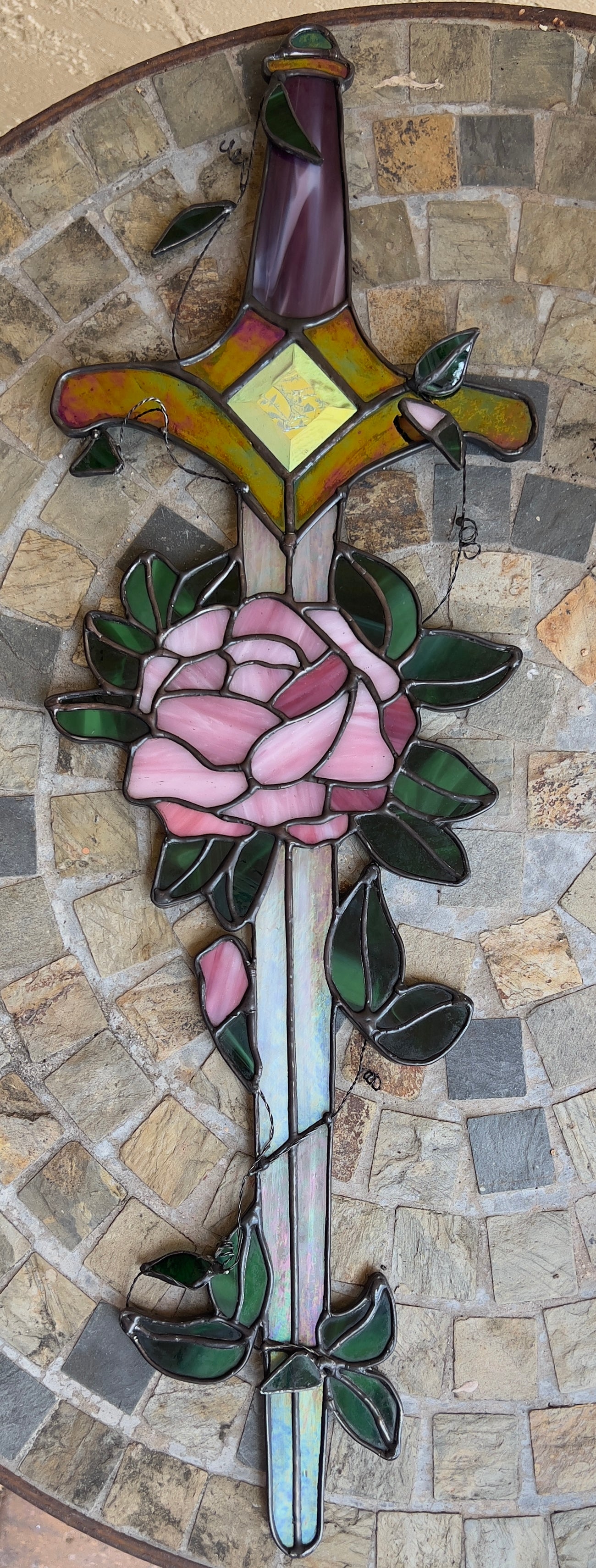 Fantasy Inspired Glass Sword Rose Quartz & Pink Diamond Inspired Iridescent Stained Glass Sword Wall Art Handcrafted Fantasy Decor