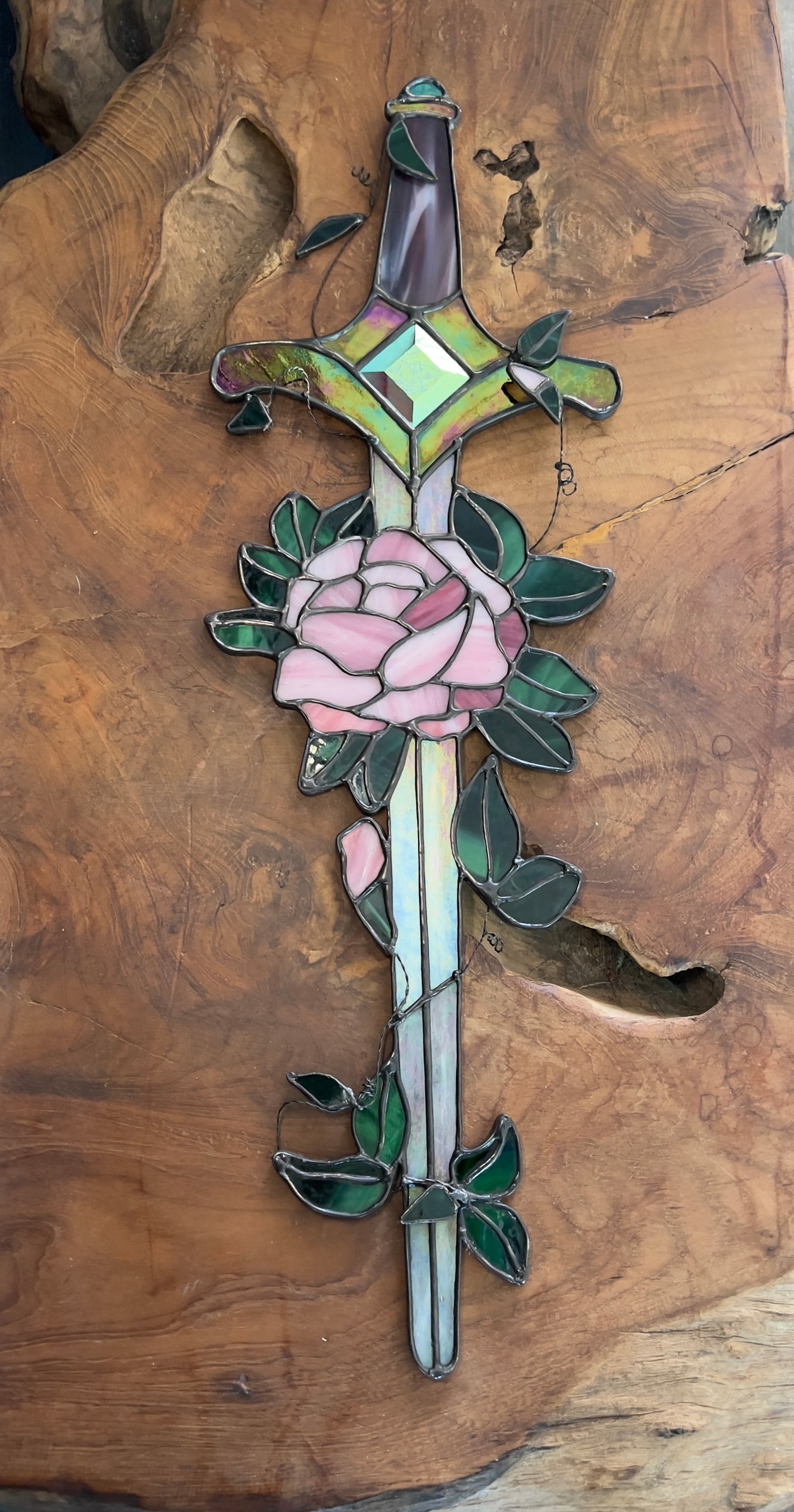 Fantasy Inspired Glass Sword Rose Quartz & Pink Diamond Inspired Iridescent Stained Glass Sword Wall Art Handcrafted Fantasy Decor