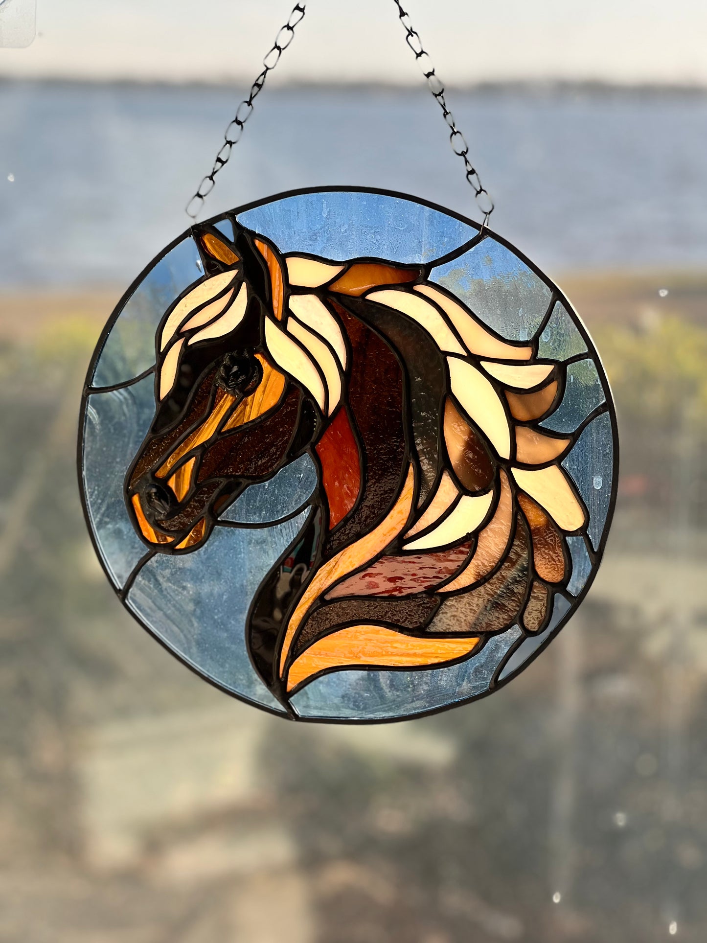 Handcrafted Chestnut Horse Stained Glass Suncatcher – 8” Round Western Horse Window Hanging