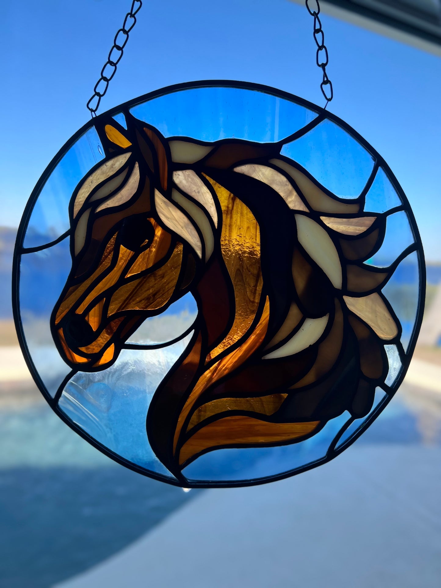 Handcrafted Chestnut Horse Stained Glass Suncatcher – 8” Round Western Horse Window Hanging