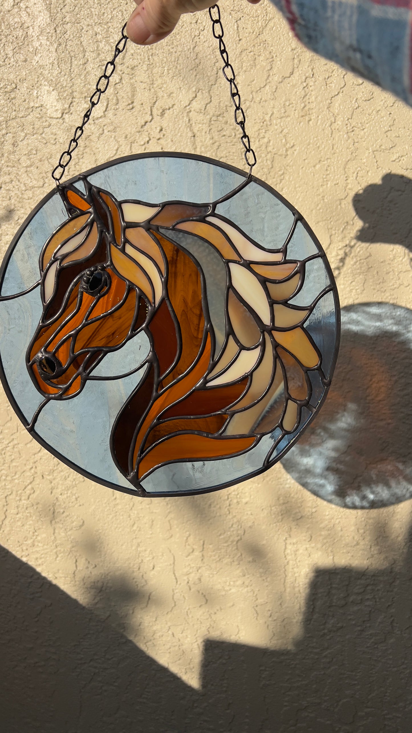 Handcrafted Chestnut Horse Stained Glass Suncatcher – 8” Round Western Horse Window Hanging