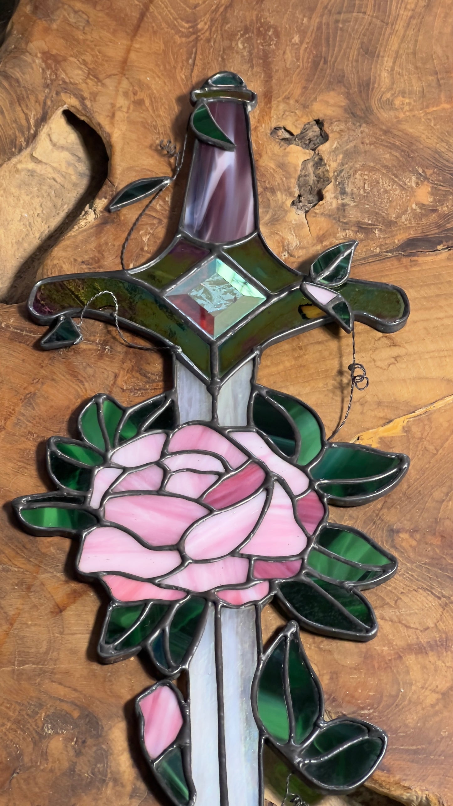Fantasy Inspired Glass Sword Rose Quartz & Pink Diamond Inspired Iridescent Stained Glass Sword Wall Art Handcrafted Fantasy Decor
