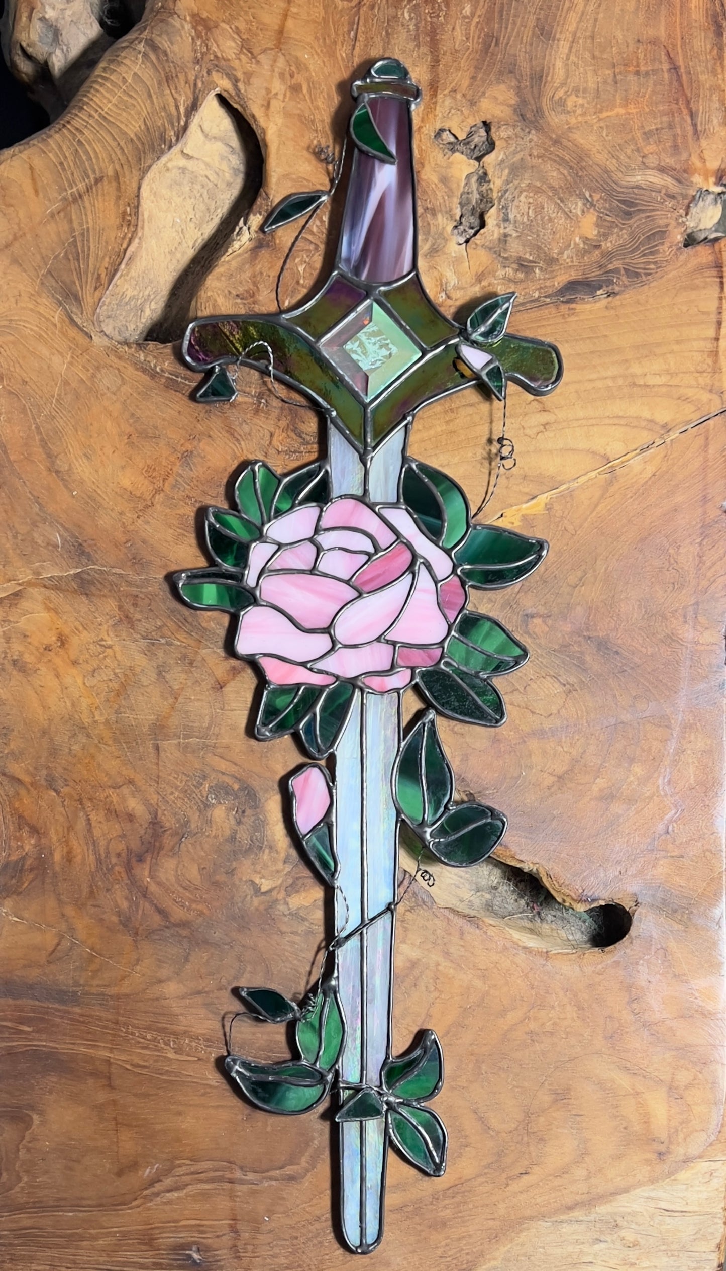 Fantasy Inspired Glass Sword Rose Quartz & Pink Diamond Inspired Iridescent Stained Glass Sword Wall Art Handcrafted Fantasy Decor