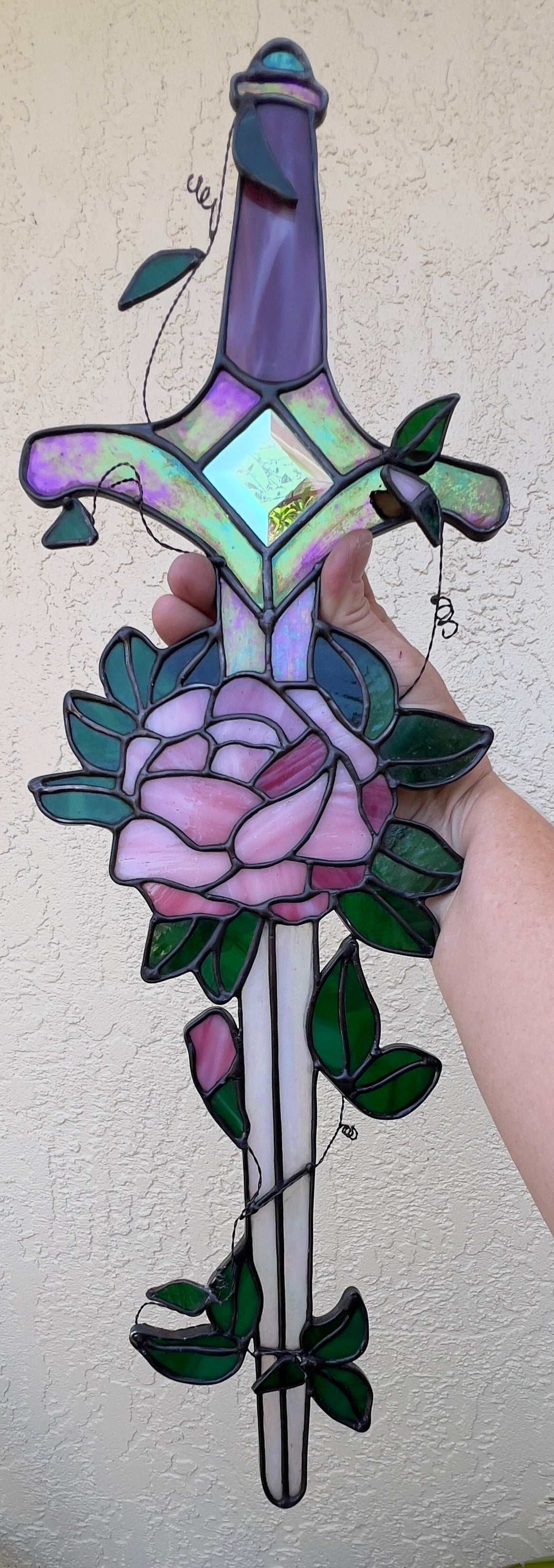 Fantasy Inspired Glass Sword Rose Quartz & Pink Diamond Inspired Iridescent Stained Glass Sword Wall Art Handcrafted Fantasy Decor