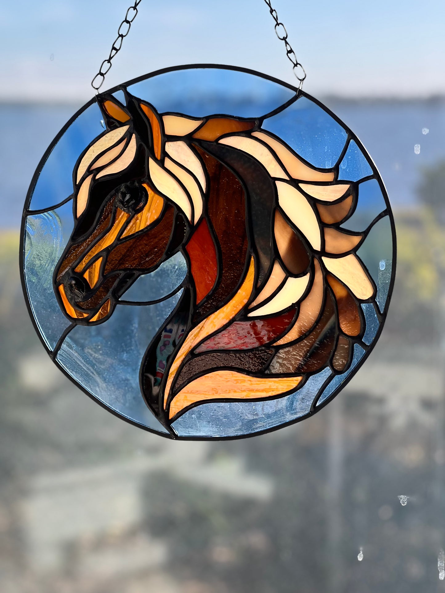 Handcrafted Chestnut Horse Stained Glass Suncatcher – 8” Round Western Horse Window Hanging