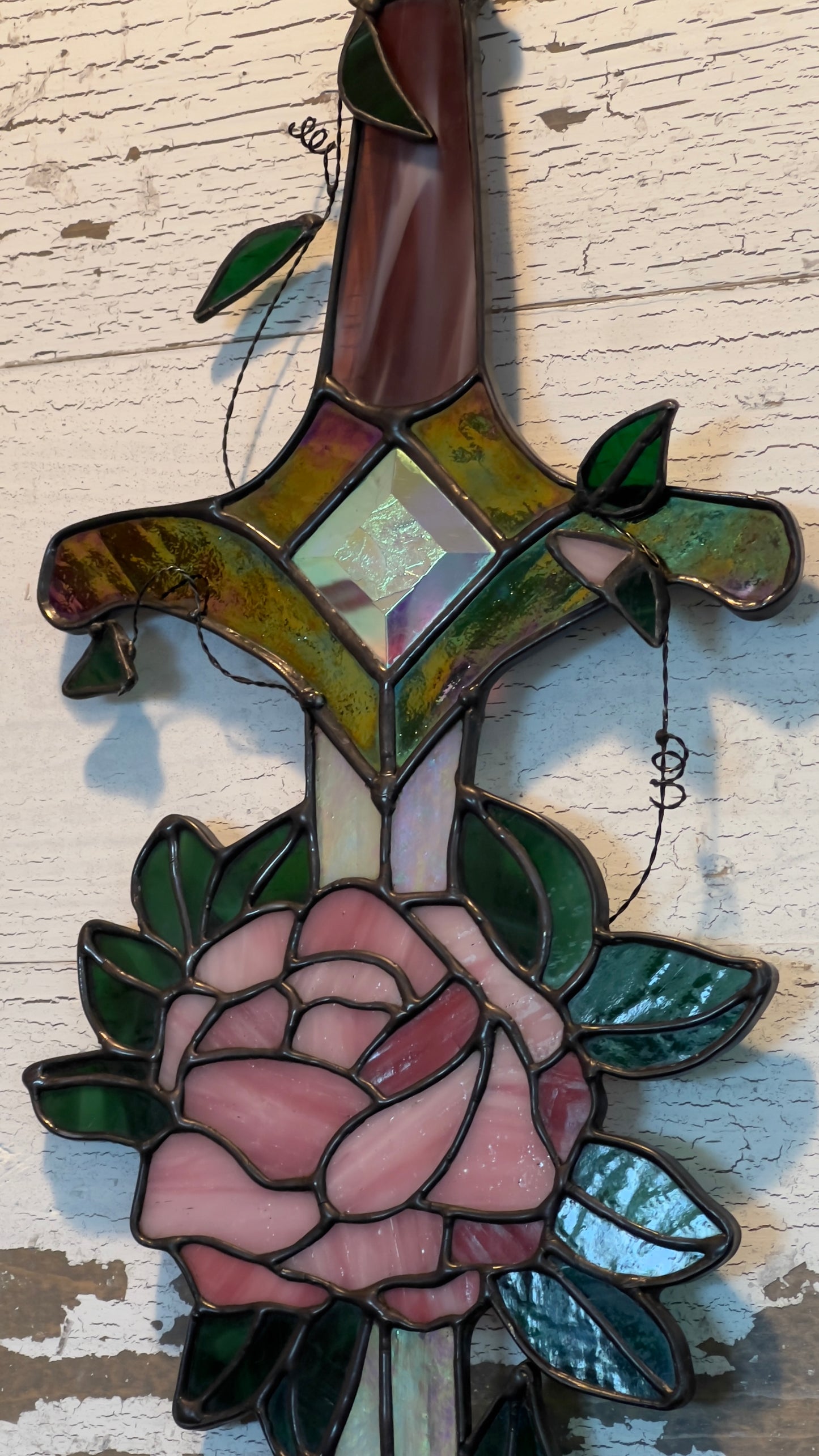 Fantasy Inspired Glass Sword Rose Quartz & Pink Diamond Inspired Iridescent Stained Glass Sword Wall Art Handcrafted Fantasy Decor