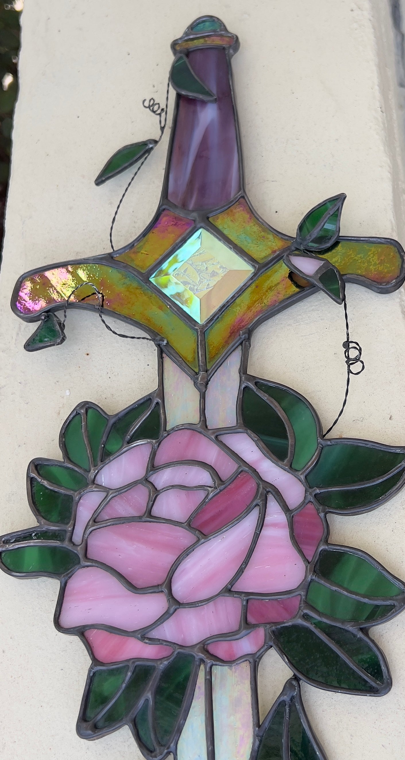 Fantasy Inspired Glass Sword Rose Quartz & Pink Diamond Inspired Iridescent Stained Glass Sword Wall Art Handcrafted Fantasy Decor