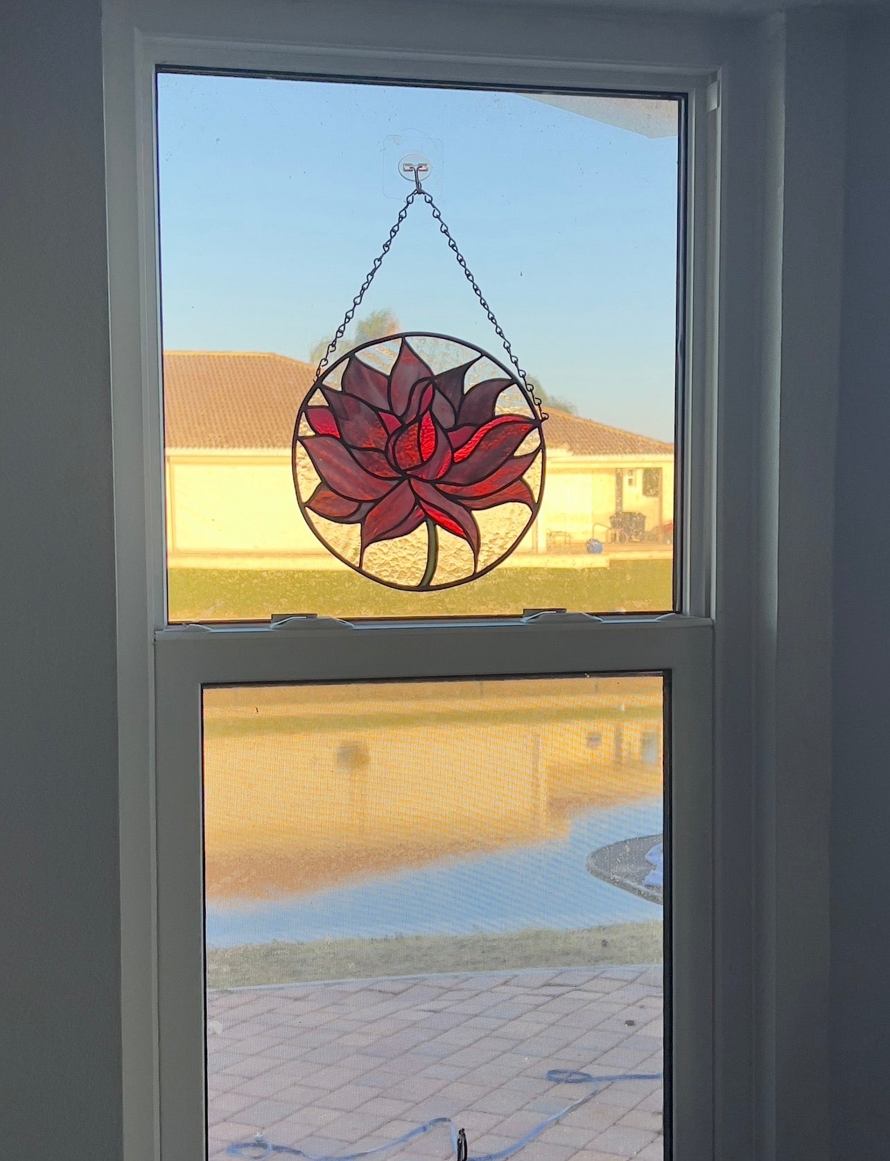 Rich Pink and Cranberry Lotus Flower Stained Glass Window Suncatcher