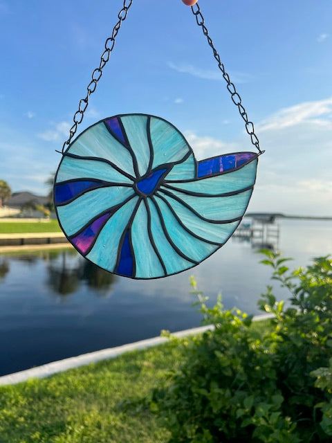 Nautilus Seashell Stained Glass - Blue Seashell Suncatcher Window Decor