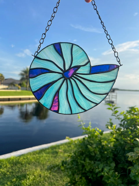 Nautilus Seashell Stained Glass - Blue Seashell Suncatcher Window Decor