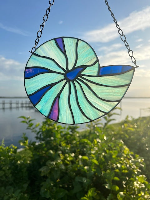 Nautilus Seashell Stained Glass - Blue Seashell Suncatcher Window Decor