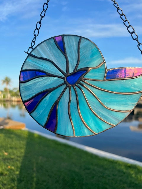 Nautilus Seashell Stained Glass - Blue Seashell Suncatcher Window Decor