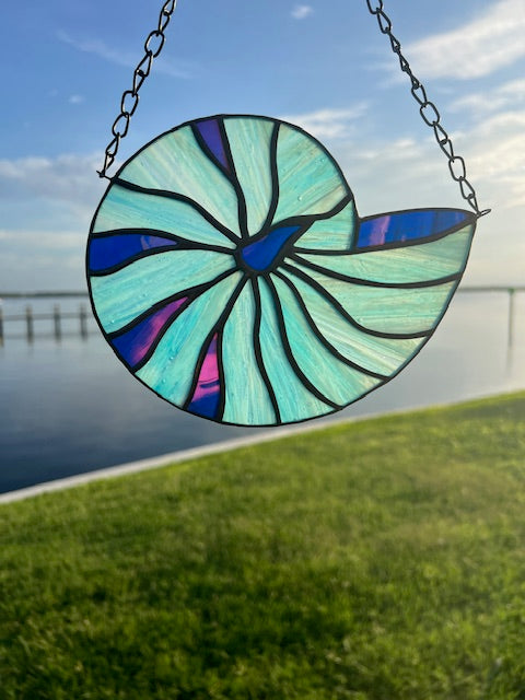 Nautilus Seashell Stained Glass - Blue Seashell Suncatcher Window Decor