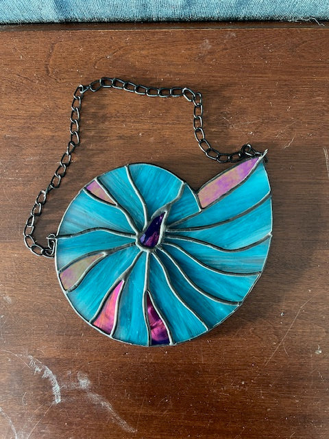 Nautilus Seashell Stained Glass - Blue Seashell Suncatcher Window Decor
