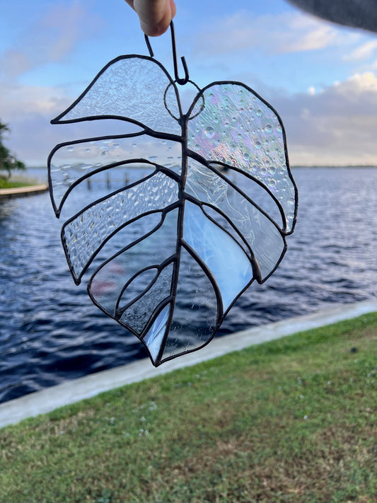 Monstera Clear and Iridescent Glass Leaves Tropical Plant Stained Glass