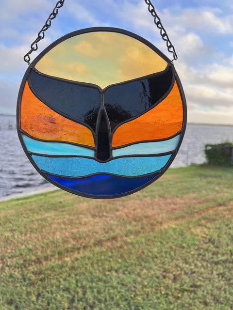 Whale Suncatcher - Stained Glass Whale Tail Emerging from Water