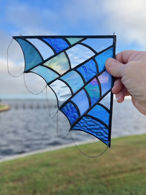 Stained Glass Spider Web - Fantasy -  Blue and Rainbow Glass - Chain Detail