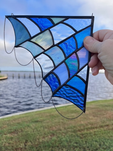 Stained Glass Spider Web - Fantasy -  Blue and Rainbow Glass - Chain Detail