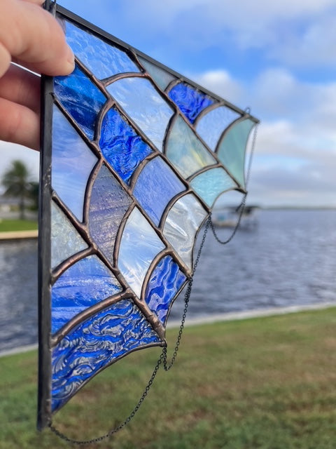 Stained Glass Spider Web - Fantasy -  Blue and Rainbow Glass - Chain Detail