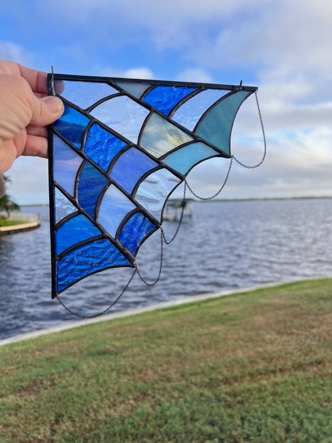 Stained Glass Spider Web - Fantasy -  Blue and Rainbow Glass - Chain Detail