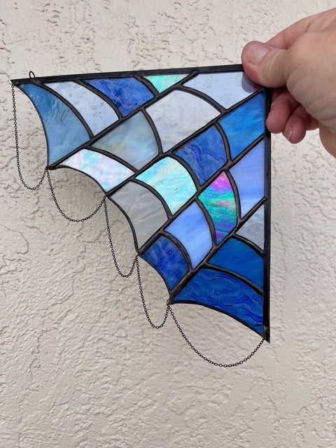 Stained Glass Spider Web - Fantasy -  Blue and Rainbow Glass - Chain Detail
