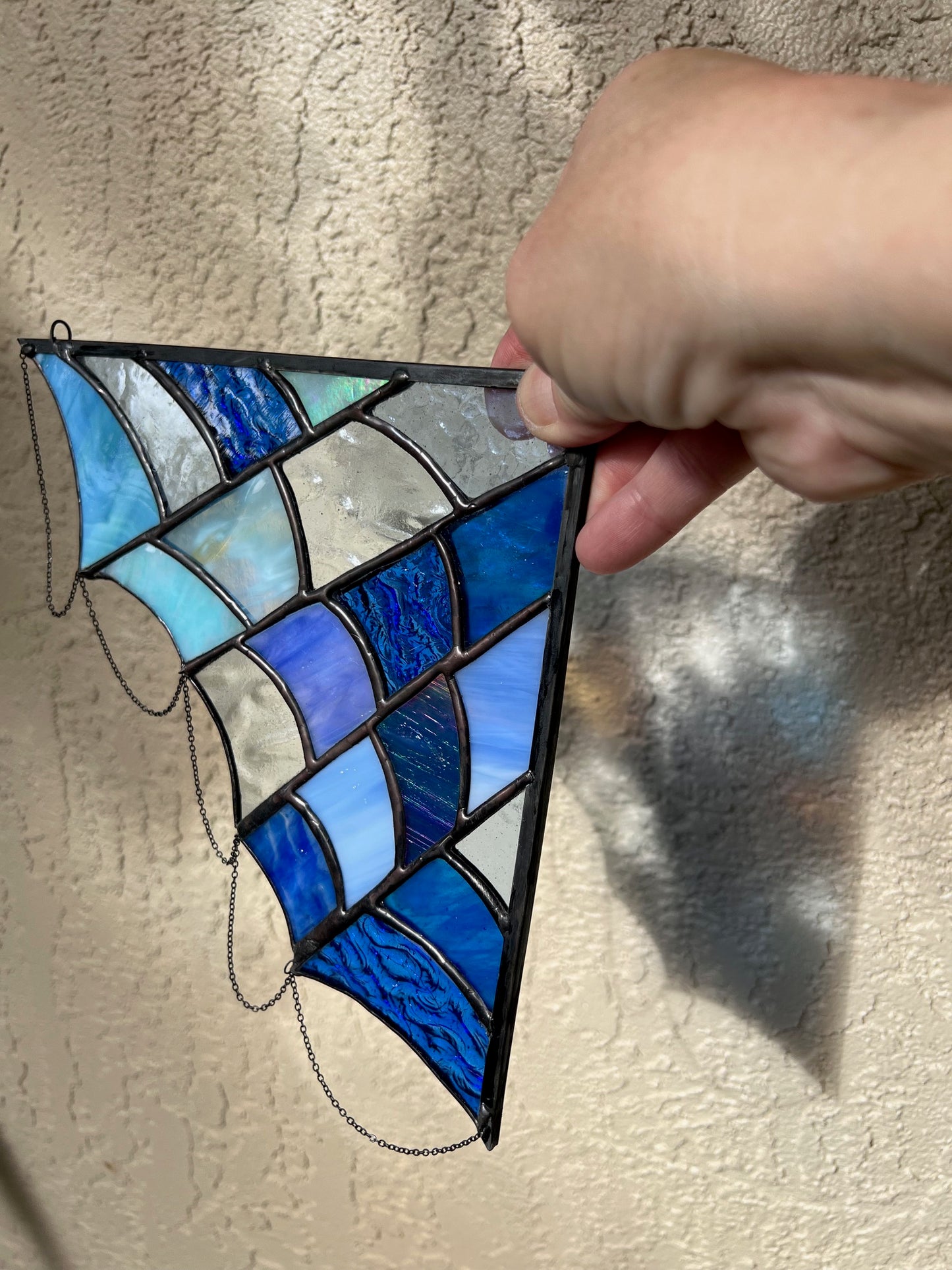Stained Glass Spider Web - Fantasy -  Blue and Rainbow Glass - Chain Detail